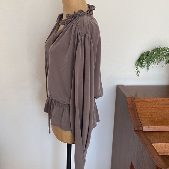 Rebecca Taylor taupe light brown long sleeve ruched vneck blouse tie ruffles EUC - Picture 2 of 11
